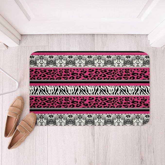 Feelyou Zebra Leopard Stripes Bath Mats for Bathroom Black Damask Bath Rugs for Shower Tub Kids Black Damask Bathroom Rugs Exotic Sugar Skull Bathroom Accossories 20"x32" - sugar skull toilet mat set