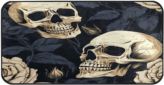 ALAZA Sugar Skull Leaves Halloween Non Slip Kitchen Floor Mat Kitchen Rug for Entryway Hallway Bathroom Living Room Bedroom 39 x 20 inches(1.7' x 3.3') - sugar skull floor mat