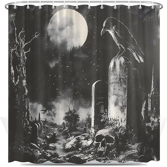 Horror Graveyard Shower Curtain Gothic Raven Skeleton Halloween Night Full Moon Black Gray Fabric Bathroom Decor Set with Hooks 70X70 Inch, YL6381AM-180X180CM - sugar skull shower curtain set