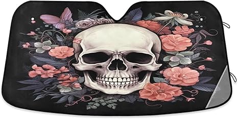 Floral Sugar Skull Car Sunshade for Windshield Automotive Sun Visor Protector Foldable for SUV Truck Front Window, 57 x 31.5inch - sugar skull car sunshade for windshield
