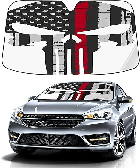 Thin Red Line American Flag Skull Car Windshield Sunshade,Folding Sun Shade Auto Sun Visor Heat Protection Front Window, Car Sunscreen Blocks UV Rays and Keeps Vehicle Cool (55 x 30 Inch) - sugar skull car sunshade for windshield