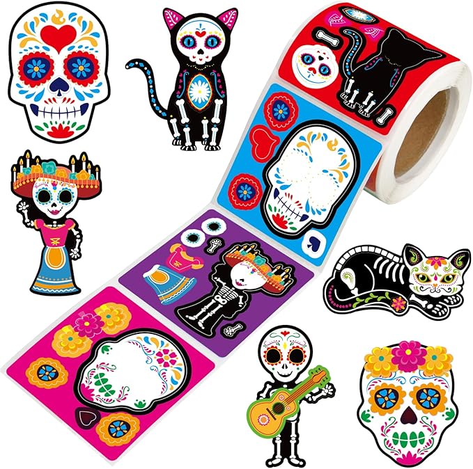Ceiba Tree Day of Dead Stickers for Kids Make A Skull Sticker Rolled Mexican Fiesta Scene Stickers 200Pcs for Classroom Home School Party - sugar skull vinyl sticker