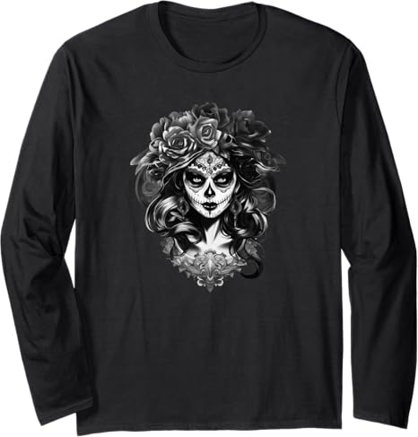 La Catrina Sugar Skull Day of the Dead Halloween - sugar skull long sleeve shirt mens