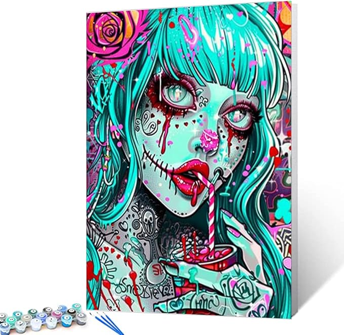 Beautiful Colorful Girl Drink Paint by Numbers Kits for Adults Sugar Skull Girl DIY Canvas Oil Painting Acrylic Pigment Kits Paint by Number Horror Style Home Wall Art Decor Gift 16x20In (Frameless) - sugar skull canvas wall art
