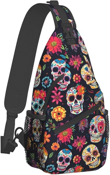 Colorfully Sugar-Skull Sling Backpack Hiking Backpack Crossbody Bag Sports Lightweight And waterproof Chest Bag Shoulder Bag For Women Men - best sugar skull backpack