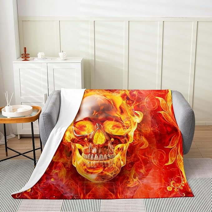 Boys Sugar Skull Blanket for Adult Teens Child Gothic Spooky Fleece Blanket Skeleton Red Flame Fire Throw Blanket Horror Style Bed Blanket for Home Room Decor,Luxury Soft Baby 30x40 - sugar skull throw blanket
