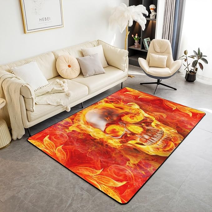Boys Sugar Skull Area Rug for Adult Teens Child Gothic Spooky Indoor Floor Mat Skeleton Red Flame Fire Carpet Horror Style Living Room Rugs for Bedroom Living Room,Machine Wash Dry 5x7 - sugar skull area rug
