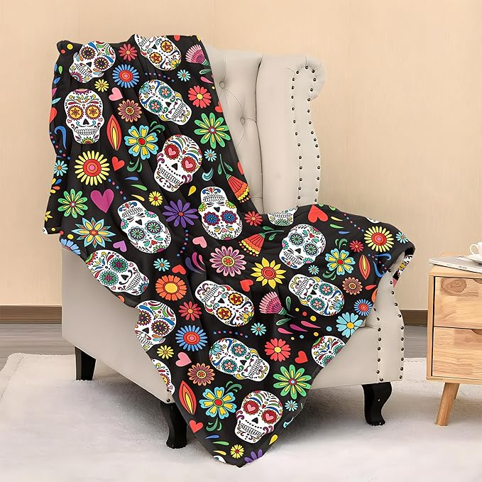 Day of The Dead Sugar Skull Blanket Throw 60"X50", Cozy Lightweight Plush Blanket, Gifts for Kids Women - sugar skull area rug