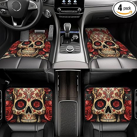 Car Floor Mat Waterproof Non-Slip Front & Rear Floor Foot Mats Full Set of 4 Pieces Red Rose Sugar Skull Car Carpet Heavy Duty Car Foot Pad Protector Universal Fit SUV Sedans Trucks - sugar skull car floor mats