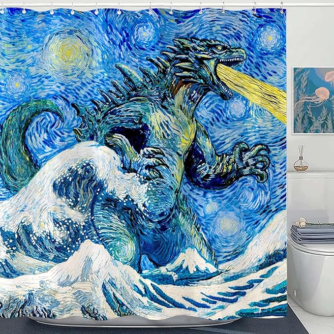 Dinosaur Shower Curtain Monster Funny Shower Curtain Van Gogh Wave Shower Curtains Bathroom Curtain Decor Set with 12 Hooks Van Gogh Monster 72×72 Inches - sugar skull shower curtain set