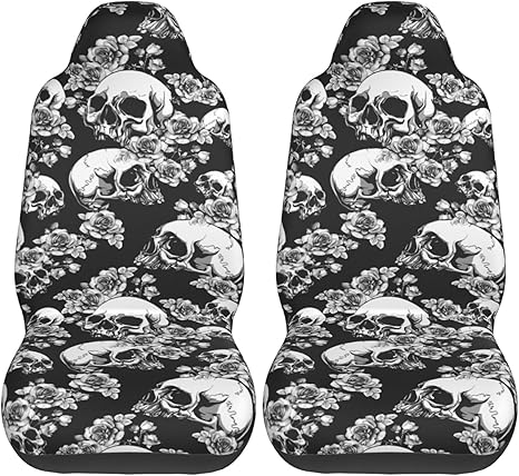 2 PCS Car Front Seat Covers for Women, Universal Vehicle Seat Protector Skull Floral - sugar skull car seat covers set