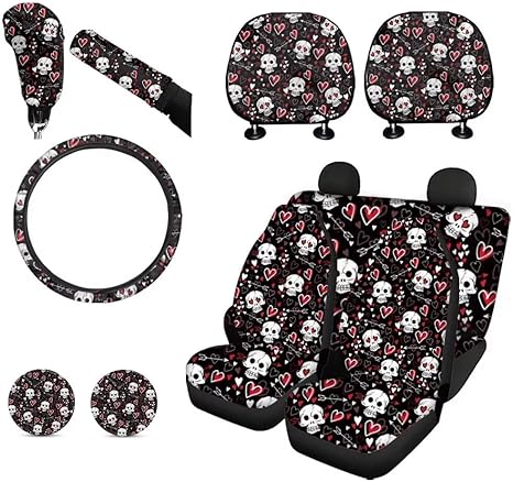 Sugar Skull Heart Style Car Seat Covers Full Set with Steering Wheel Cover,Absorbent Cup Coasters Gear Shift Cover Handbrake Cover Headrest Covers for Women - sugar skull car seat covers set