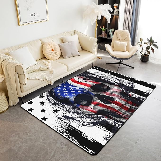 Erosebridal Boys Sugar Skull Carpet for Adults Teens Men American Flag Area Rug Gothic Spooky Indoor Floor Mat Black White Stripes Living Room Rugs for Bedside Classroom,5x7 - sugar skull area rug