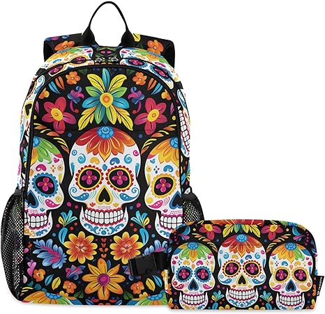Sugar Skull Day Of Dead Backpack and Lunch Bag Set Back Pack Bookbag Cooler Case Kits - sugar skull handbags for sale