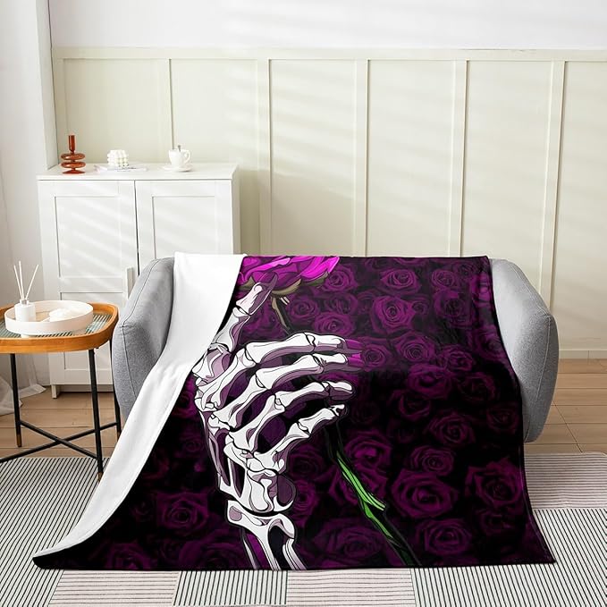 Erosebridal Skull Fleece Blanket for Adults Men Women Sugar Skull Blanket Purple Rose Throw Blanket Gothic Spooky Skeleton Fuzzy Blanket for Home Room Decor,Microfiber Luxury Soft 40x50 - sugar skull throw blanket