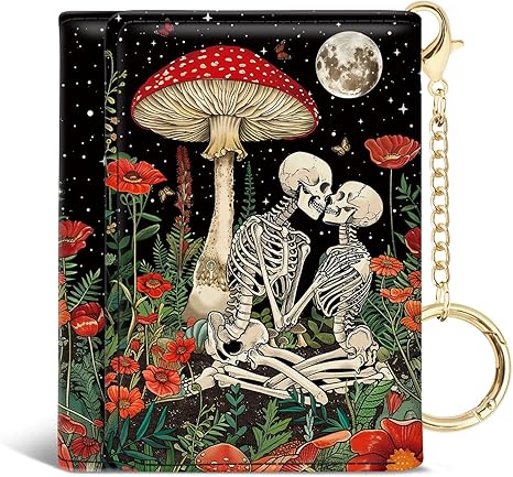 Mushroom Skull Small Ladies Wallets, Skeleton Goth Horror Rfid Womens Wallet, Slim Thin Trifold Woman Wallet, Travel PU Leather Card Holder Wallet, Compact Key Chain Cash Wallet, Female Gifts - sugar skull wallets for women
