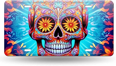 Sugar Skull Color Colorful Design License Plate Cover,Decorative Metal Car Front License Plate with 4 Holes - sugar skull plates set