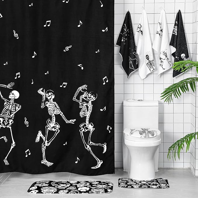 Honoson 8 Pcs Skeleton Shower Curtain Set with Rugs and Kitchen Towels Skeleton Farmhouse Shower Curtain Bathroom Set for Farmhouse Country Summer Halloween Housewarming Gifts Decor - sugar skull shower curtain set