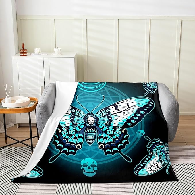 Erosebridal Ombre Butterfly Fleece Blanket Turquoise Moth Throw Blanket for Adults Men Women Sugar Skull Blanket Gothic Spooky Bed Blanket for Bedroom Living Room,Queen 90X90 - sugar skull throw blanket