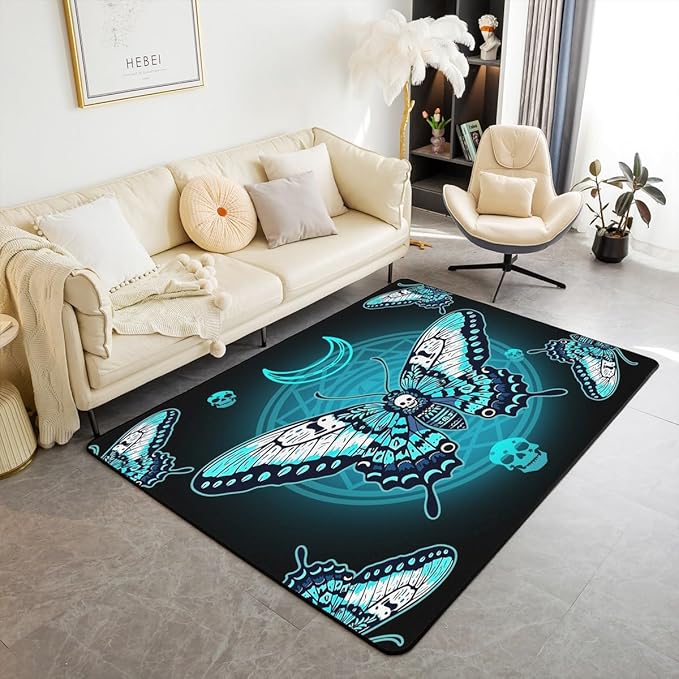 Erosebridal Ombre Butterfly Indoor Floor Mat Turquoise Moth Carpet for Adults Men Women Sugar Skull Area Rug Gothic Spooky Decorative Rug for Bedside Classroom,Non Shedding 3X5 - sugar skull area rug