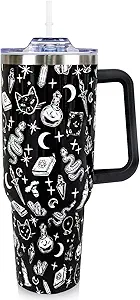 Goth 40 Oz Tumbler with Handle and Straw Halloween Gothic Coffee Travel Cup Mug Water Bottle Drinking Glass, Unique Gothic Witchy Goth Gifts for Women, Halloween Goth Gift Ideas, Goth Accessories - sugar skull tumbler with straw