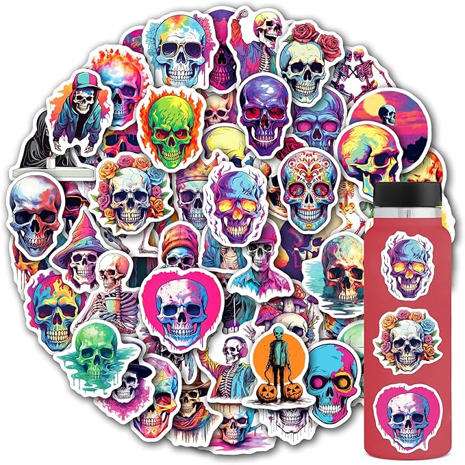 102 Pack Cool Skull Stickers for Adults,Fun Skull Stickers Vinyl Waterproof Sticker for Decor Party Favors for Water Bottle,Luggage,Laptop,Gothic and Horror Sticker for Adults - sugar skull vinyl sticker