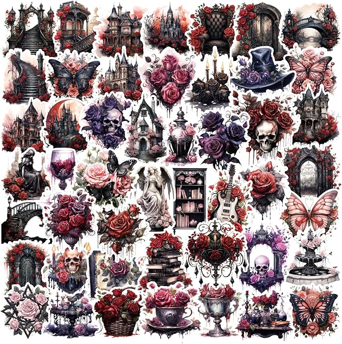 Dark Aesthetic Goth Stickers 100 Pcs, Vintage Rose Skull Stickers Horror Vinyl Waterproof Decals for Water Bottles Laptop Phone Scrapbook Junk Journal Collage DIY Crafts - sugar skull vinyl sticker