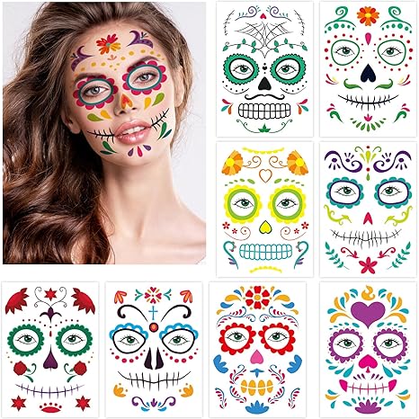 Ceiba Tree Day of Dead Tattoos Halloween Temporary Sugar Skull Face Tattoos Skeleton Floral Full Skull Face Mask Stickers Party Supplies - sugar skull temporary tattoo