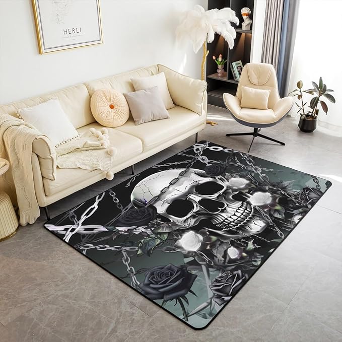 Erosebridal Sugar Skull Carpet 5X7,Skull Bones Skeleton Area Rug,White Rose Floral Flowers Indoor Floor Mat,Halloween Spooky Gothic Non Shedding Decorative Rug for Laundry Doorway Porch,Black - sugar skull area rug