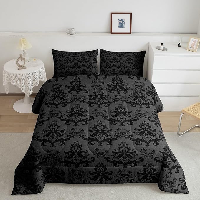 Feelyou Black Comforter Set Full Size Kids Jacquard Comforter for Boys Teens Sugar Skull Bedding Set Exotic Black Damask Duvet Set Room Decor Quilt Set - sugar skull bedding set