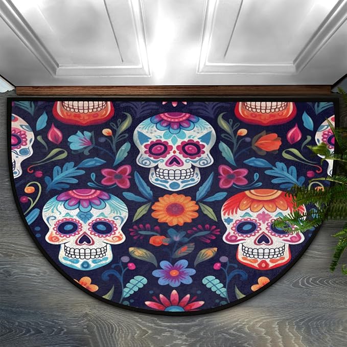 AUUXVA Half Round Door Mat Indoor Entrance, Colorful Sugar Skull Flower Non Slip Absorbent Doormats, 24 x 36 Wear Resistant Semi Circle Floor Mats Area Rugs for Home Kitchen Patio - sugar skull floor mat