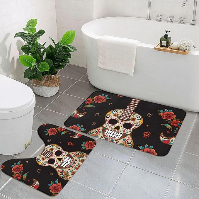 Bathroom Rugs Sets 2 Piece Non Slip Bath Mat for Bathroom Soft Absorbent Bath Rugs Guitar Pepper Sugar Skull Floor Mat Washable Shower Rugs for Bathroom Floor, Tub and Shower - sugar skull floor mat
