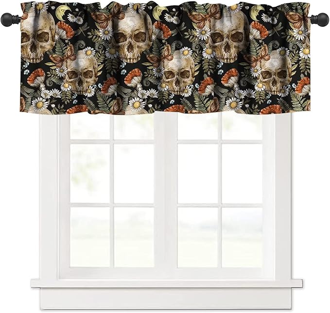 Sugar Skull Mushroom Valance Curtain Floral Gothic Halloween Skeleton Spooky Butterfly Daisy Vintage Rod Pocket Valance Window Treatments 1 Panel for Kitchen Living Room Decor 54x18 in - sugar skull wine glass