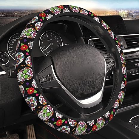 Dead Sugar Skull Steering Wheel Cover for Women Men, Universal 15 Inches Car Steering Wheel Protector Anti-Slip Sweat Absorption Car Accessories for Auto Truck SUV - sugar skull car floor mats