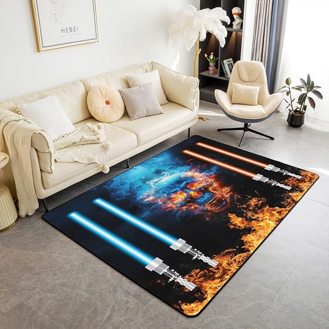 Feelyou Lightsaber Area Rug 5x7 Kids Red Blue Decorative Carpet Set for Boys Teens Lightsaber Sugar Skull Living Room Rugs Fire Style Yellow Indoor Floor Mat Room Decor - sugar skull area rug