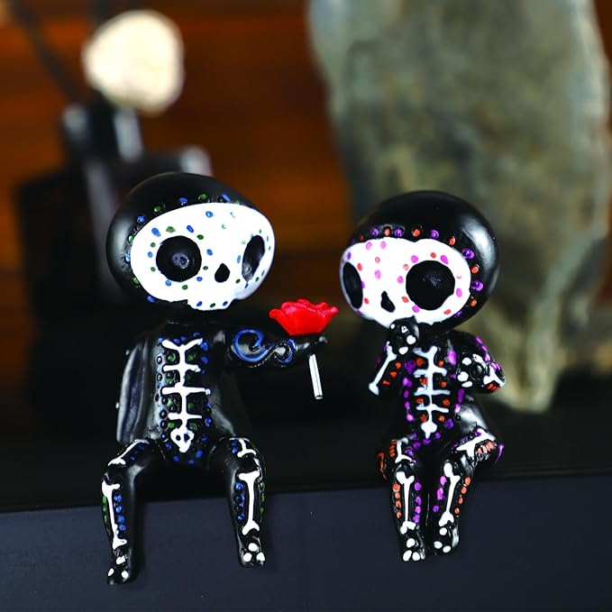 Sugar Skull Decor Couple Statue,Gothic Mexican Decor for Home Kitchen Bookshelf Figurine,Dia De Los Muertos Decorations Gifts for Women,Halloween Decortion Alebrijes Adornos Para Sala Modernos Cuartos - sugar skull christmas ornament