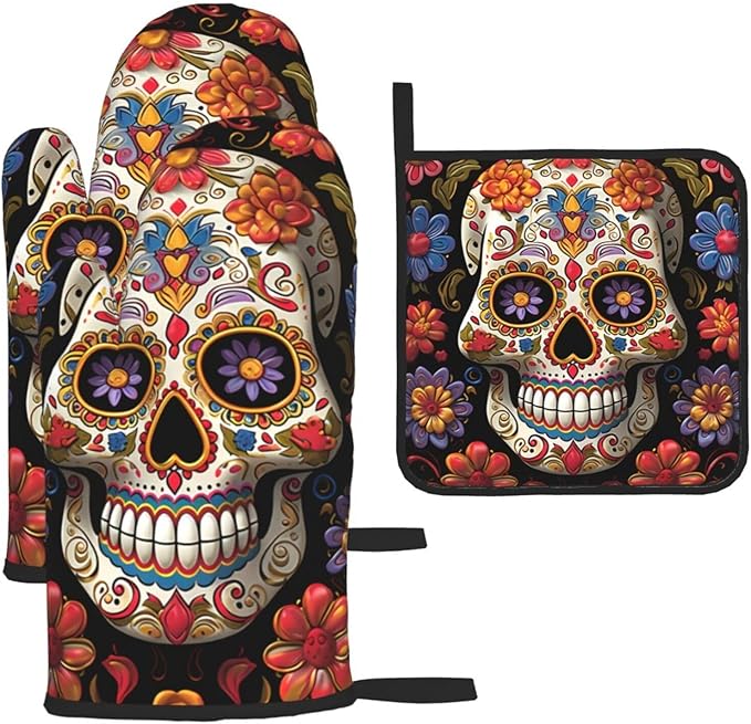 Sugar Skulls Oven Mitts and Pot Holders Set 3Pcs Heat Resistant Oven Gloves Hot Pads Extra Thicken Long Kitchen Mitts Potholders for Cooking Baking Grilling Gifts - sugar skull oven mitts