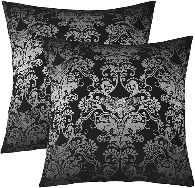 Set of 2 Dark Black Sugar Skull Cushion Cases Jacquard Damask Pillow Covers Gothic Vintage Floral Throw Pillow Covers Baroque Victorian Style Decorative Accent Pillow Cases Sofa Couch,24x24 Inch - sugar skull throw pillow