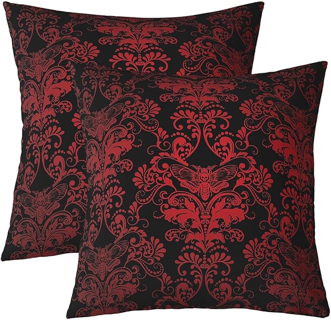 Set of 2 Sugar Skull Pillow Covers 20x20 Inch,Vintage Damask Cushion Covers,Exotic Bohemian Throw Pillow Covers,Gothic Bone Skeleton Decorative Pillow Covers,Bedroom Decor Reversible Soft,Black Red - sugar skull throw pillow