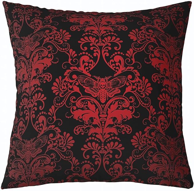 Erosebridal Sugar Skull Pillow Cover 18x18 Inch,Vintage Damask Cushion Cover,Exotic Bohemian Throw Pillow Cover,Gothic Bone Skeleton Decorative Pillow Cover,Bedroom Decor Reversible Soft,Black Red - sugar skull throw pillow