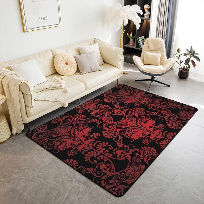 Erosebridal Sugar Skull Carpet 5x7,Vintage Damask Indoor Floor Mat,Exotic Bohemian Area Rug,Gothic Bone Skeleton Decorative Rug,Non Shedding for Bedroom Living Room,Black Red - sugar skull area rug