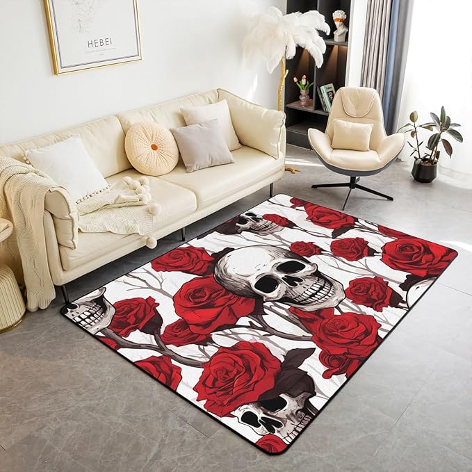 Erosebridal Sugar Skull Carpet,Skull Bones Skeleton Washable Area Rug,Red Rose Floral Flowers Indoor Floor Mat,Halloween Spooky Gothic Decorative Accent Rug,Red White 3X5 - sugar skull area rug