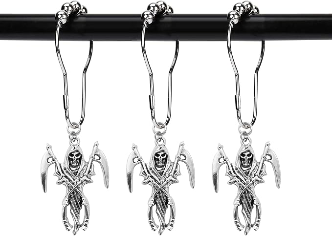 Set of 12 Shower Curtain Hooks Rings,Skeleton Reaper Scythe Pendant, Halloween Party Supplies Haunted House Decoration, Stainless Steel Rustproof (Silver) - sugar skull shower curtain set