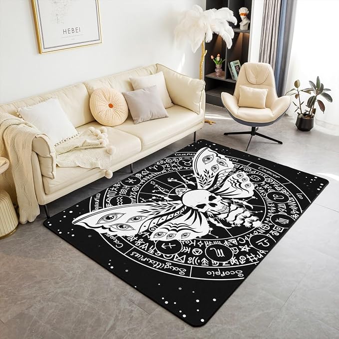 Boys Sugar Skull Area Rug 5x7 Boho Grey Moth Indoor Floor Mat for Adult Teens Bohemian Theme Carpet Gothic Spooky Decorative Accent Rug for Bedroom Living Room,Black Non Slip - sugar skull area rug
