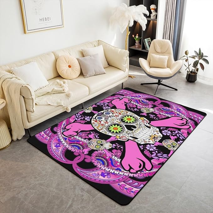 Erosebridal Boho Skull 3x5 Area Rug Purple Sugar Skull Indoor Floor Mat Horror Gothic Spooky Carpet for Adult Teens Bohemian Skeleton Decorative Accent Rug for Bedroom Living Room - sugar skull area rug