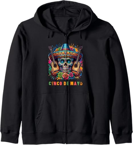 Mexican Sugar Skull With Flowers Roses And Guitars - sugar skull zip up hoodie mens