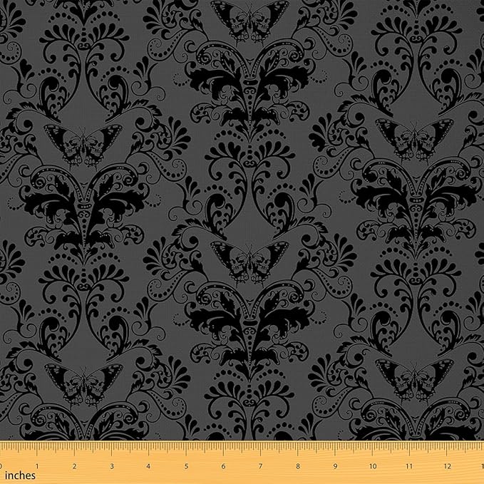 Erosebridal Vintage Damask Fabric - 1 Yard, Ombre Black Sugar Skull, Grey Moth Upholstery, Retro Medallion Design for Upholstery & Home Accents - sugar skull apron for women