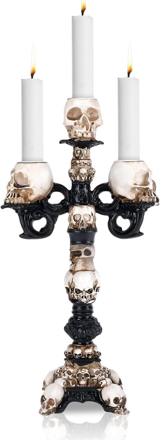 Skull Candle Holder, Spooky Desktop Tealight Skeleton, Resin Gothic Crafts for Halloween Easter Home Bedroom Living Room Party Graveyard Outdoor Bar Decor Supplies (3Head) - sugar skull candle holder