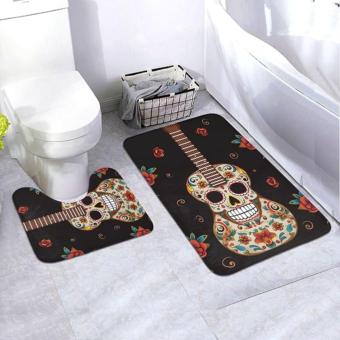 Bathroom Rugs Sets 2 Piece Non Slip Bath Mat for Bathroom Soft Absorbent Bath Rugs Guitar Pepper Sugar Skull Floor Mat Washable Shower Rugs for Bathroom Floor, Tub and Shower - sugar skull floor mat