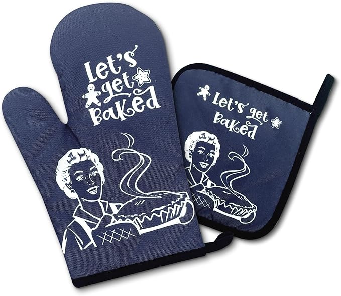 Let's Get Baked, Funny Oven Mitts and Pot Holders (Set of 2) with Hanging Loop Silicone Non-Slip, Gift for Baking Lovers, Baker, Birthday Gift for Mom, Housewarming Gift - sugar skull oven mitts